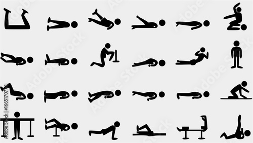 Illustration showing various stick figure poses for exercises and workout routines on a white background