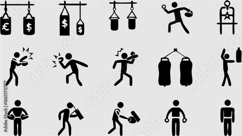 Illustration showing various stick figures engaged in different activities and scenarios in black color