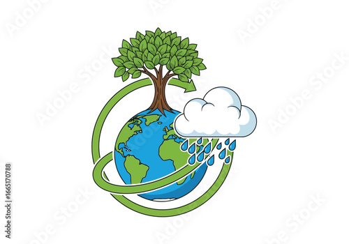 A tree growing on planet earth with a cloud raining on it