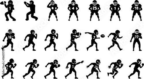 Silhouette illustrations of american football players in various actions and poses on a white backdrop