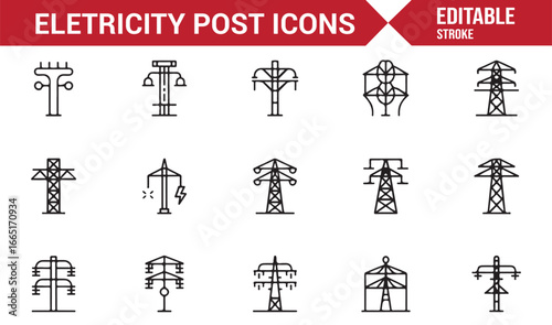 Minimalist electric pylon and power line icons for energy systems