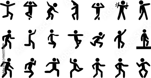 Collection of black stick figures in various poses and actions on a white background in a simple style