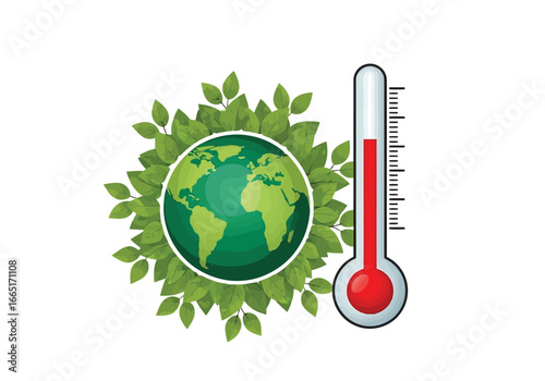 Illustration of the earth surrounded by green leaves with a thermometer indicating high temperature