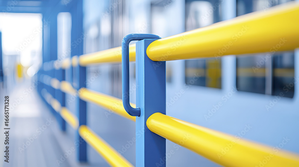 Close up of blue and yellow railing, showcasing vibrant colors and modern design, evokes sense of safety and style Close up of blue and yellow railing, showcasing vibrant colors and modern design, evokes sense of safety and style