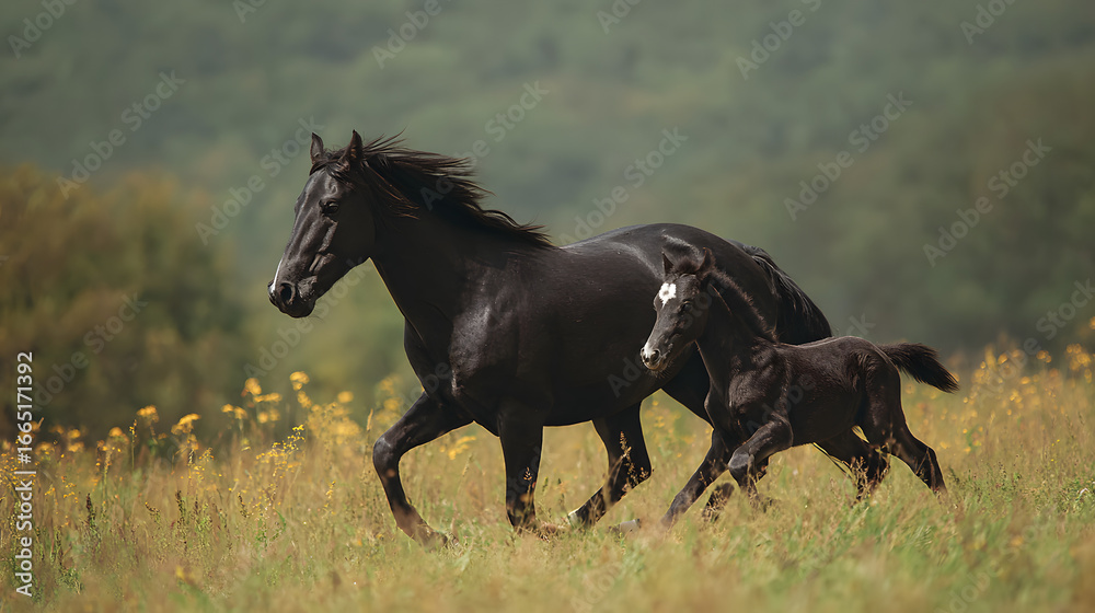 Fototapeta premium Black Horses Running Freely in a Green Meadow Under Clear Sky