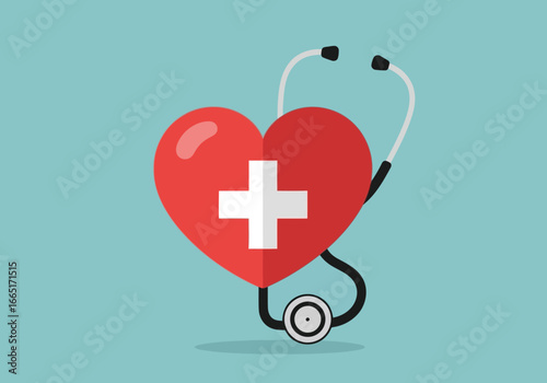 Red heart with a white cross and a stethoscope, symbolizing medical care and health