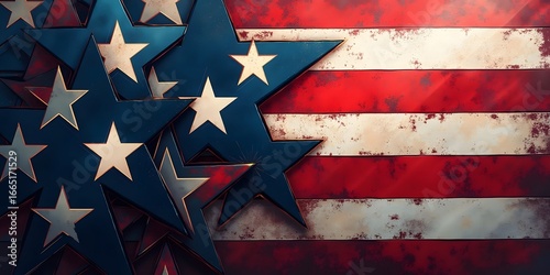 Patriotic abstract with layered stars and stripes background representing american flag, Veterans Day theme in red, white, and navy blue tones
