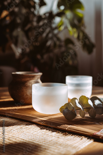 Crystal Singing Bowls with Dried Eucalyptus in Soft Sunlight