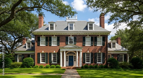 Beautiful Brick Colonial House with Green Lawn.
