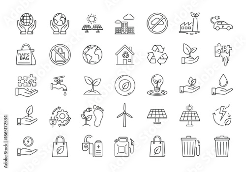 Collection of ecofriendly and environmental icons representing sustainability and conservation efforts