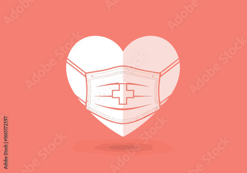 White heart wearing a medical mask with a red cross symbol, representing healthcare and protection during a pandemic