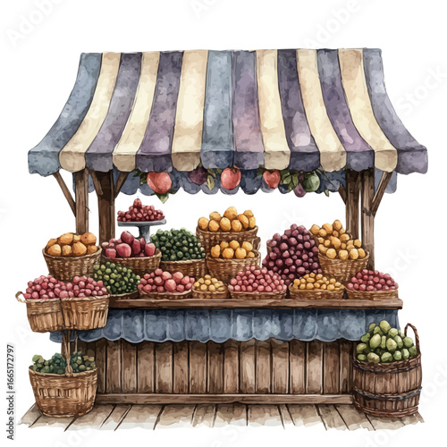 Autumn Harvest Market Scene, watercolor clipart vector, isolated on a white background.