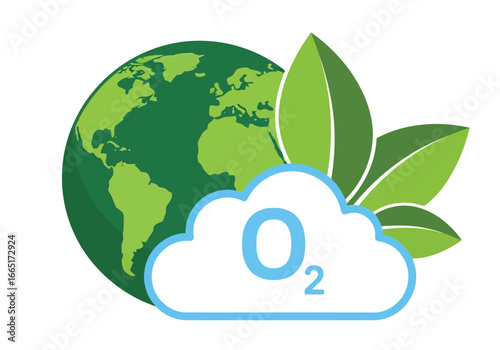 Illustration of the earth with green leaves and a cloud labeled o2, symbolizing clean air and environmental health