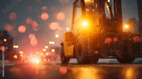Yellow forklift at dusk with vibrant bokeh highlights and wet road surface