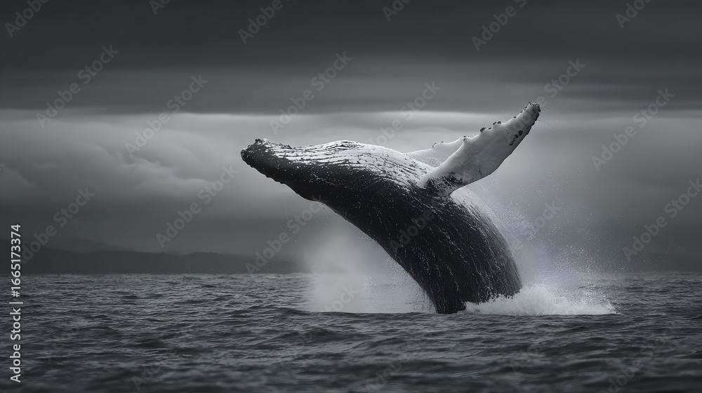 Fototapeta premium Majestic Whale Breaching in Dark Waters Under Dramatic Sky