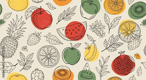 Seamless vector illustration of assorted tropical fruits including watermelon, pomegranate, pineapple, kiwi, pear, orange, apple, and strawberry, perfect for healthy food branding, packaging, and nutr