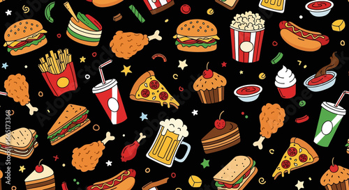 Seamless vector illustration of fast food items including burgers, pizza, fries, hot dogs, fried chicken, popcorn, desserts, and drinks, perfect for restaurant branding, packaging, and snack-themed de