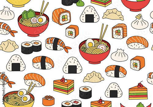 Seamless vector illustration of Japanese food including sushi, ramen bowls, dumplings, onigiri, and desserts, ideal for restaurant menus, packaging, culinary branding, and Asian cuisine designs