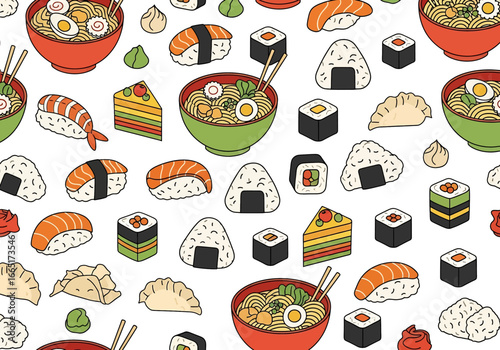 Seamless vector illustration of Japanese food including sushi, ramen bowls, dumplings, onigiri, and desserts, ideal for restaurant menus, packaging, culinary branding, and Asian cuisine designs