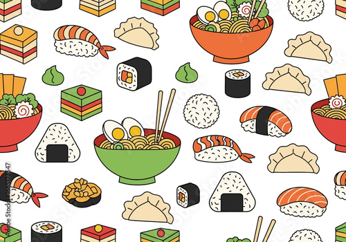 Seamless vector illustration of Japanese food including sushi, ramen bowls, dumplings, onigiri, and desserts, ideal for restaurant menus, packaging, culinary branding, and Asian cuisine designs