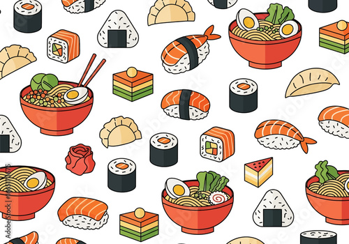 Seamless vector illustration of Japanese food including sushi, ramen bowls, dumplings, onigiri, and desserts, ideal for restaurant menus, packaging, culinary branding, and Asian cuisine designs