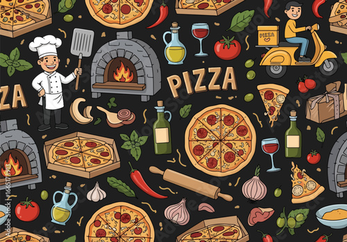 Cartoon illustration of pizza delivery, chef, wood-fired oven, and ingredients with seamless pattern style, ideal for restaurant branding, food packaging, or Italian cuisine marketing designs