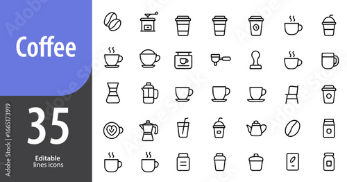 coffee line icons set, cup, mug, espresso, latte, cappuccino, cafe drinks, editable formats: AI, EPS, JPG, PNG, ideal for both digital and print use
