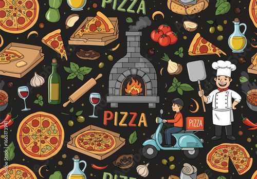 Cartoon illustration of pizza delivery, chef, wood-fired oven, and ingredients with seamless pattern style, ideal for restaurant branding, food packaging, or Italian cuisine marketing designs