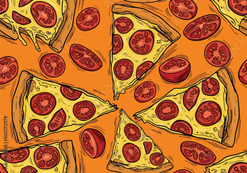 Seamless vector art of pizza slices with pepperoni, olives, fresh tomatoes, chili peppers, and herbs, perfect for food backgrounds, restaurant menus, or Italian cuisine designs