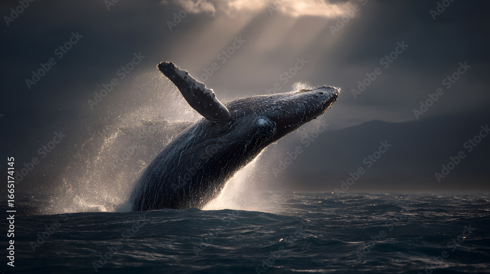 Fototapeta premium Majestic Whale Breaching Beneath Dramatic Sky and Ocean Waves
