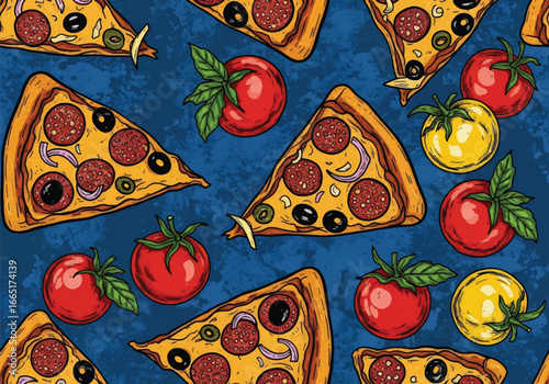 Seamless vector art of pizza slices with pepperoni, olives, fresh tomatoes, chili peppers, and herbs, perfect for food backgrounds, restaurant menus, or Italian cuisine designs