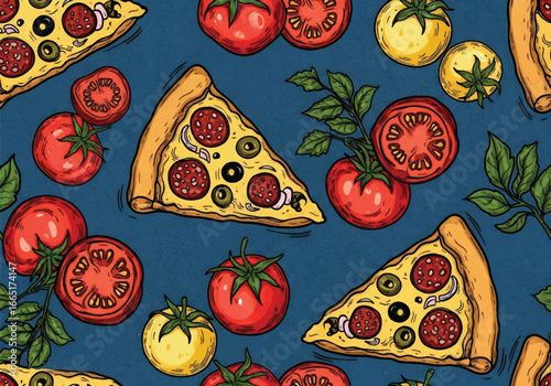 Seamless vector art of pizza slices with pepperoni, olives, fresh tomatoes, chili peppers, and herbs, perfect for food backgrounds, restaurant menus, or Italian cuisine designs