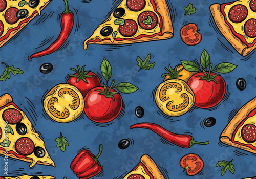 Seamless vector art of pizza slices with pepperoni, olives, fresh tomatoes, chili peppers, and herbs, perfect for food backgrounds, restaurant menus, or Italian cuisine designs