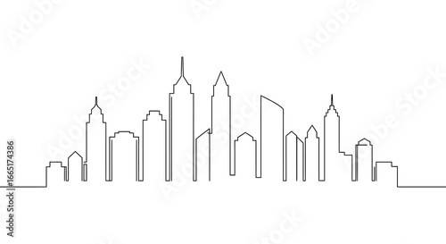 A simple line drawing of a city skyline with many tall buildings and skyscrapers