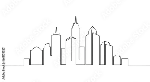 a black line drawing of a city skyline with tall buildings and skyscrapers