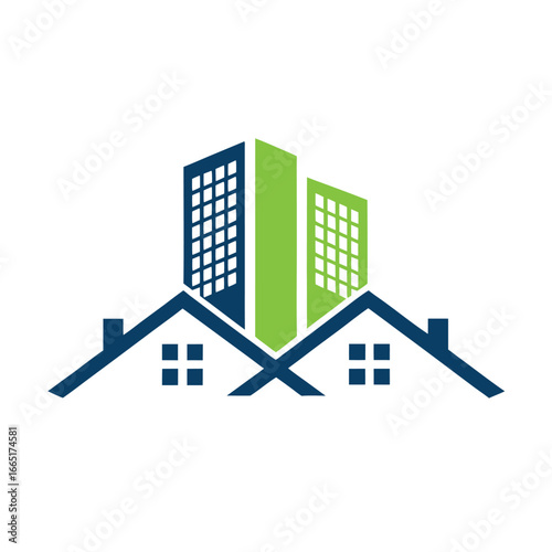 Blue and green buildings with house roofs logo on white background architecture city