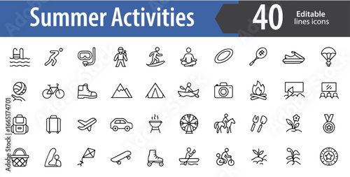 summer activities line icons set, beach, swimming, surfing, camping, barbecue, holiday fun, editable formats: AI, EPS, JPG, PNG, ideal for both digital and print use
