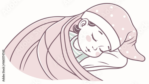 Illustration of a sleeping woman covered with a blanket wearing a nightcap with polka dots