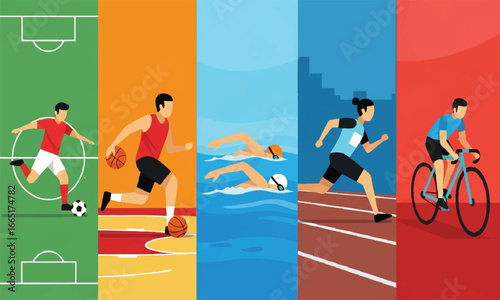 Sports illustration featuring various athletes in action, vector design