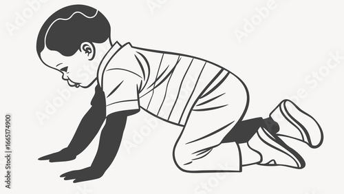 Illustration of a young boy crawling on the ground with striped shirt and dark hair in black and white