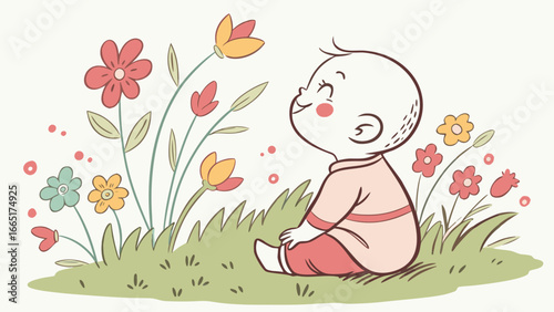 Illustration of a baby sitting in the grass looking at flowers with a happy expression on their face
