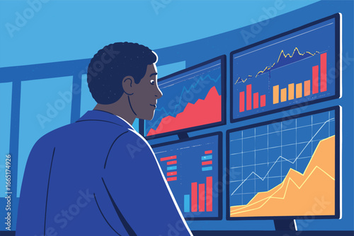 Investor watching real-time trading data on multiple screens.