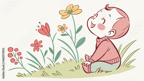 A baby sitting on grass looking up at flowers in a cartoon style illustration with bright colors
