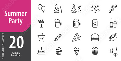 summer party line icons set, beach, cocktail, music, dance, holiday celebration, editable formats: AI, EPS, JPG, PNG, ideal for both digital and print use
