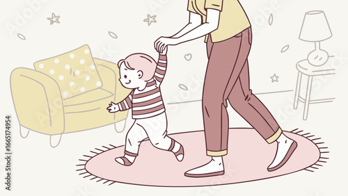A baby taking first steps with parental support in a cozy room with furniture and decorative elements