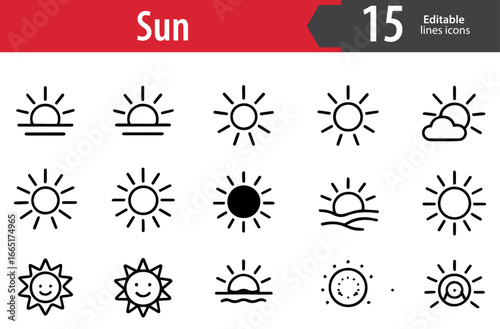 sun line icons set, sunrise, sunset, sunshine, summer, heat, energy, editable formats: AI, EPS, JPG, PNG, ideal for both digital and print use
