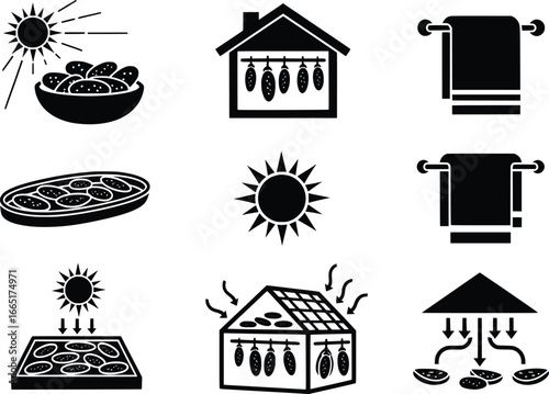 Sun drying food icons set fruit vegetables meat and dehydrated snacks culinary process home food preservation
