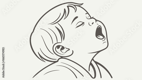 Illustration of a crying baby with its mouth open and eyes closed in black and white style