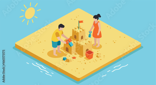 Isometric couple makes sandcastle with sun shining over the sea, for family blog