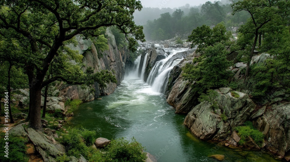 Obraz premium A powerful waterfall cascades down rocks in a lush green forest, surrounded by trees and creating a serene natural landscape